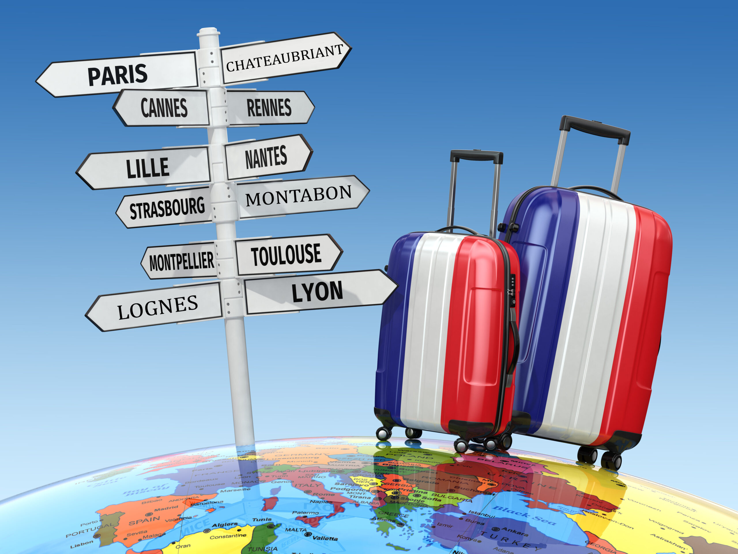Travel concept. Suitcases and signpost what to visit in France.