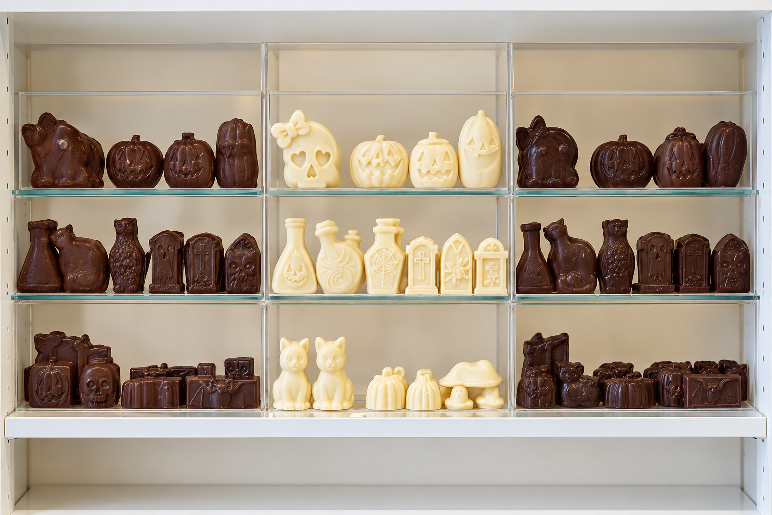 Our milk, white and dark chocolate Halloween figures in the boutique cabinet.